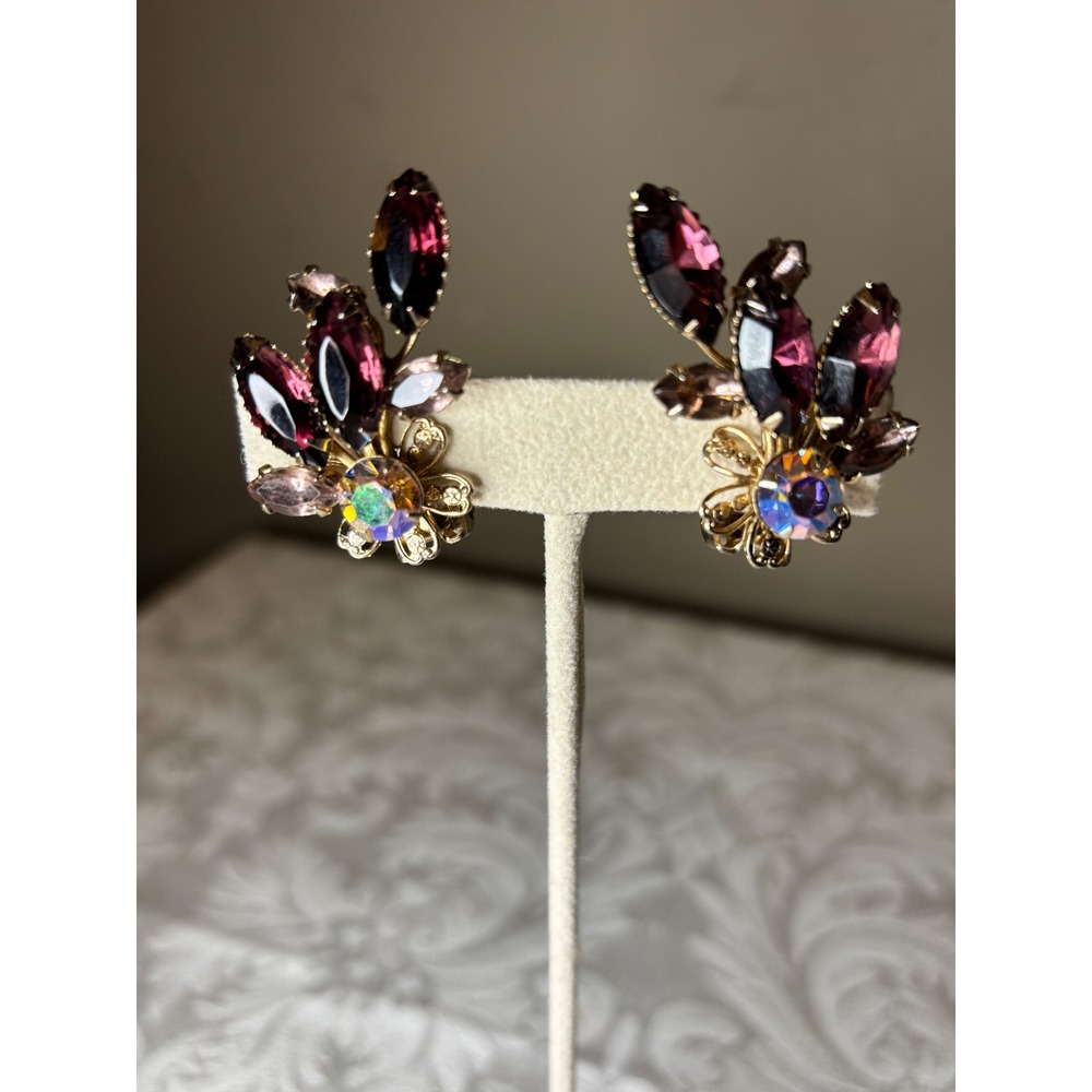 VTG Coro Purple Rhinestone Clip On AB Gold Tone Mid Century 1950s Pat Pending